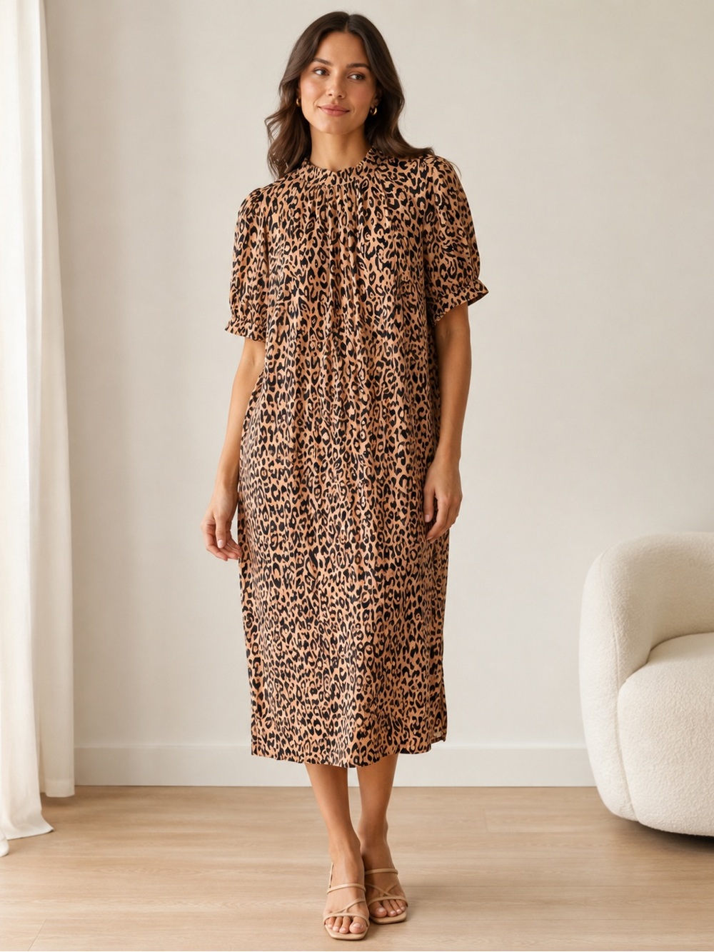 Anthropologie Leopard-Print Midi Dress in Tan and Black S